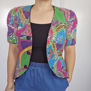Vtg Rimini Sequined Artsy Kaleidoscope Blazer Top Art to Wear Size 10 Peplum‎